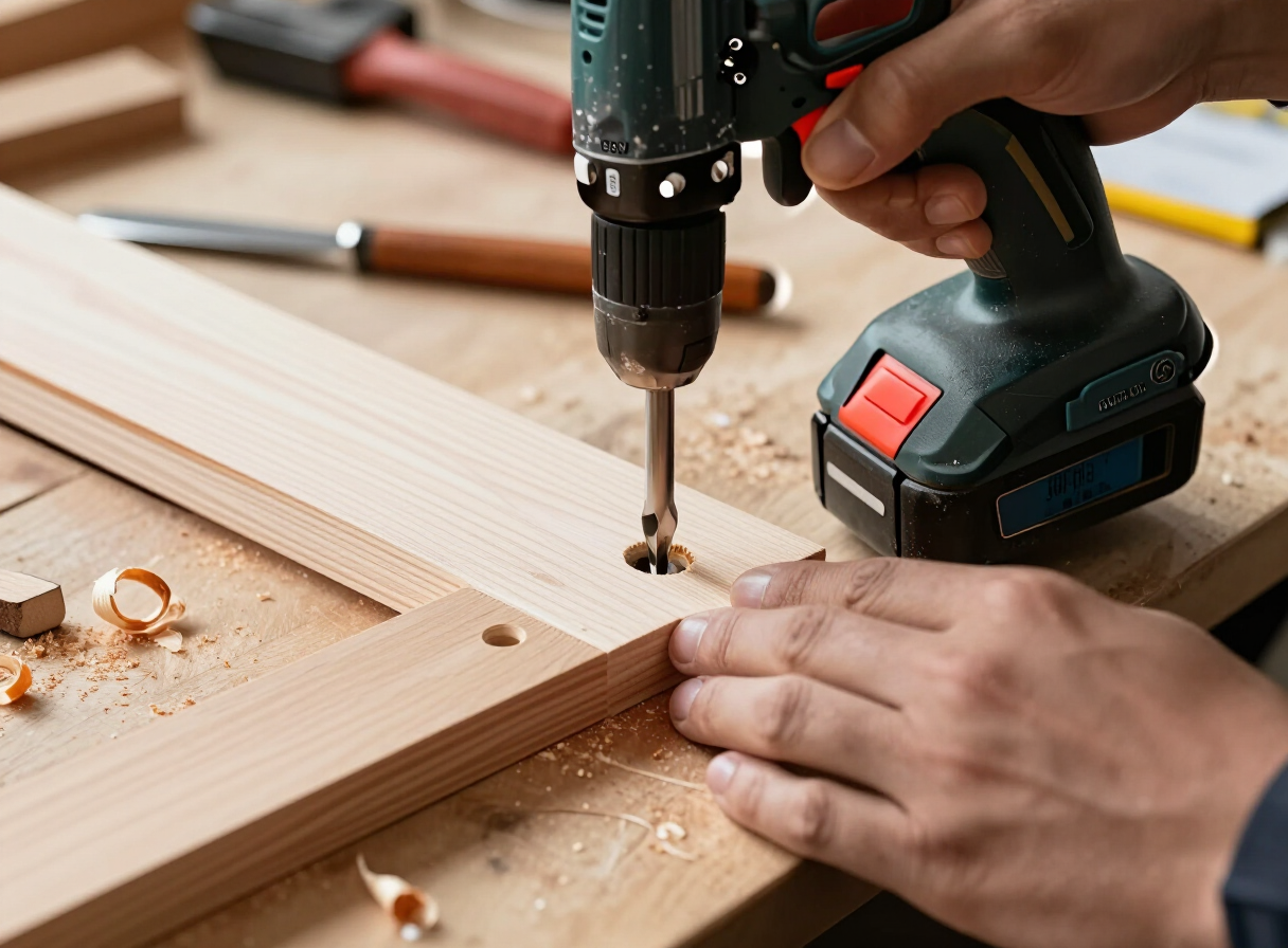 A woodworker’s hands drilling a pocket hole into a clamped board using a pocket hole jig and cordless drill, with wood shavings visible
