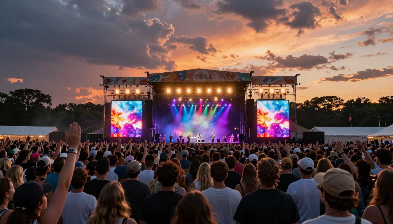 Large crowd at an outdoor music festival during sunset with stage lights in the background.