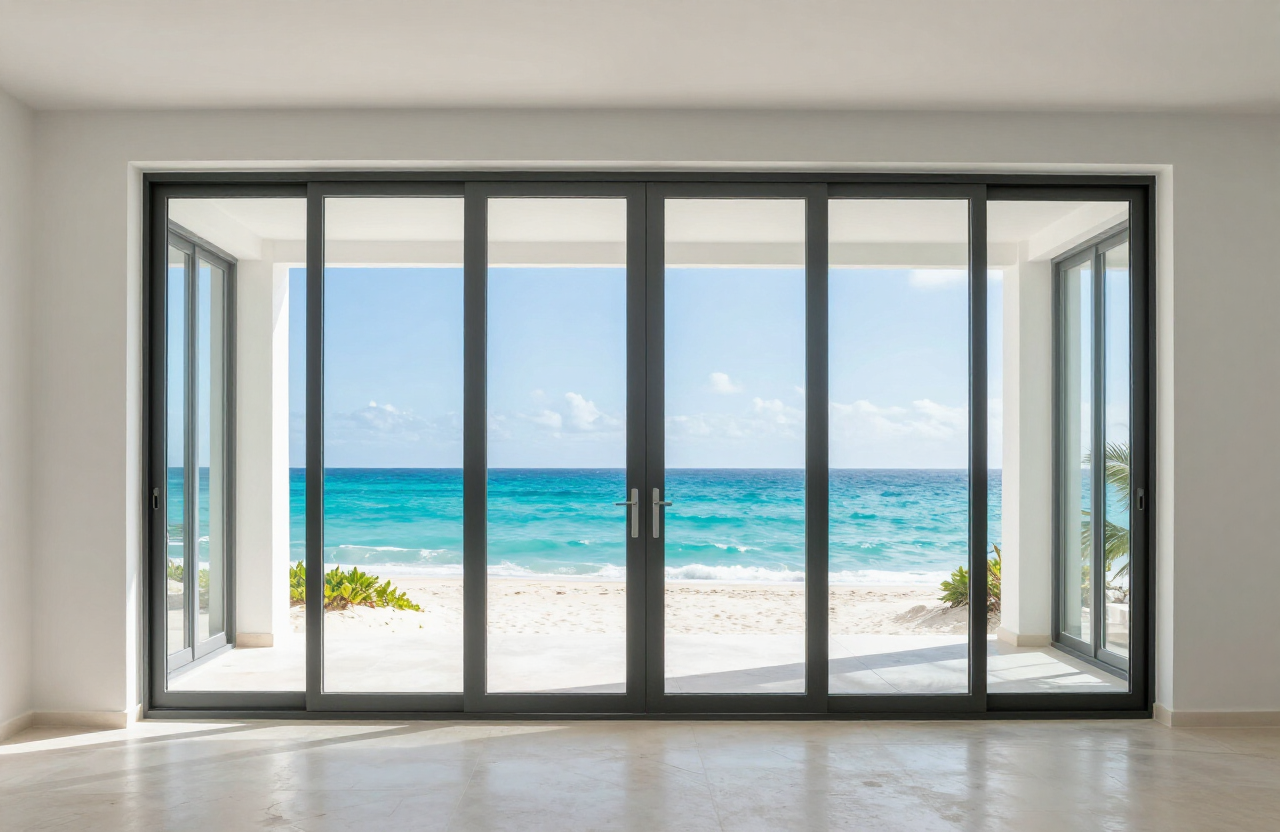 Impact-resistant hurricane windows and doors on a beachfront home in Nassau, Bahamas