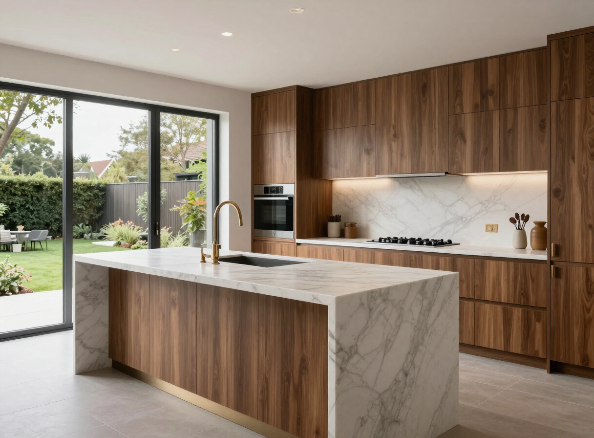 Walnut & Statuario — Kitchen by HS Kitchens Studio, Surrey