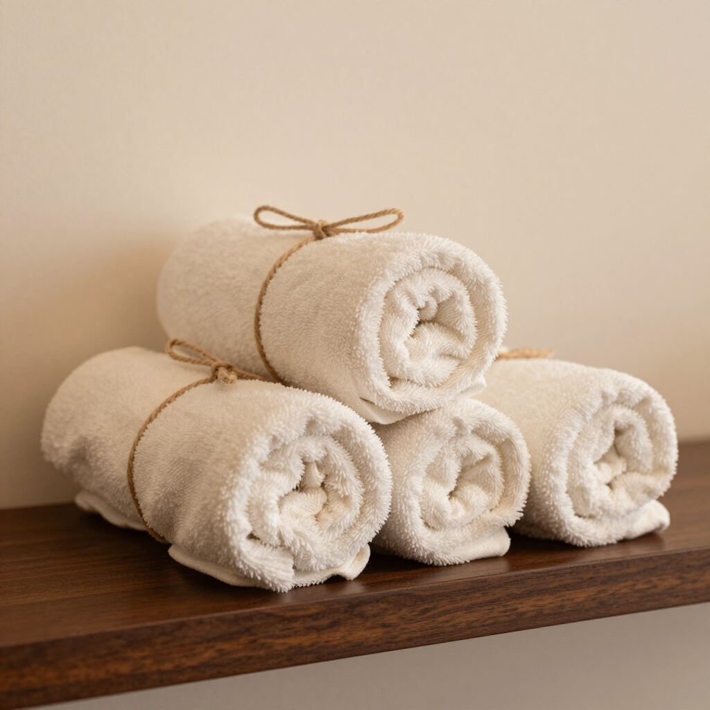 Freshly rolled ivory towels tied with twine on a dark wooden shelf at Almira Spa