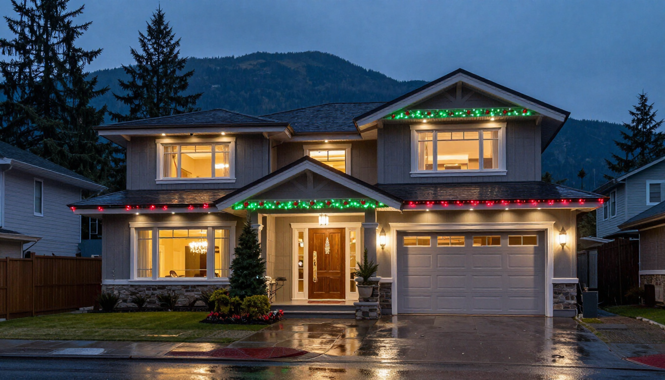 South Surrey Christmas lights with premium soffit and grounds yuletide seasonal lighting.