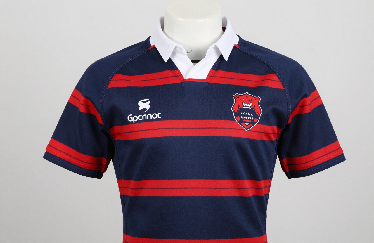 Custom navy rugby jersey with red hoop stripes and white collar