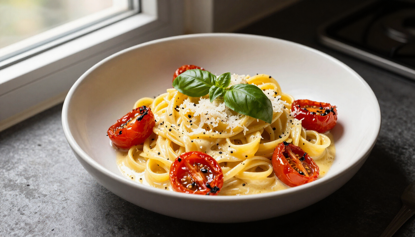 Creamy lemon pasta with cherry tomatoes and fresh basil
