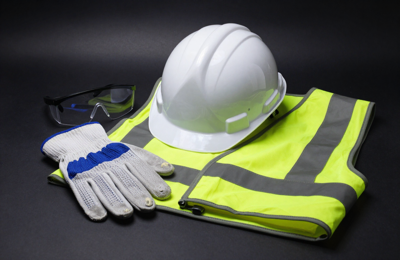 Elementos de protección personal: casco, guantes, gafas y chaleco reflectivo sobre fondo oscuro