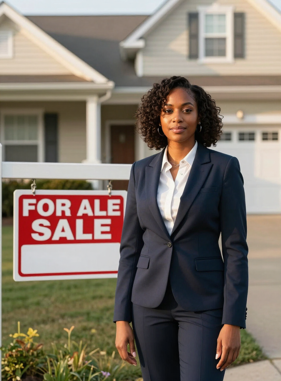 Real estate agent in front of a New Jersey home listing