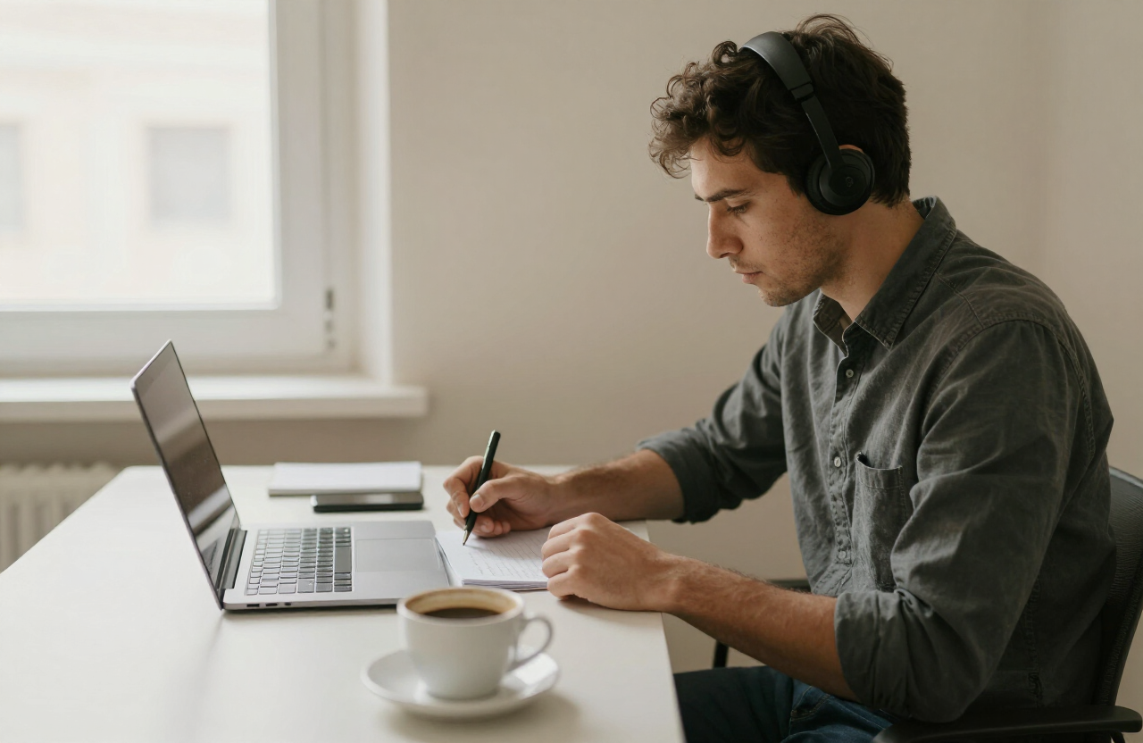 A professional reviewing notes calmly at a desk in soft natural light