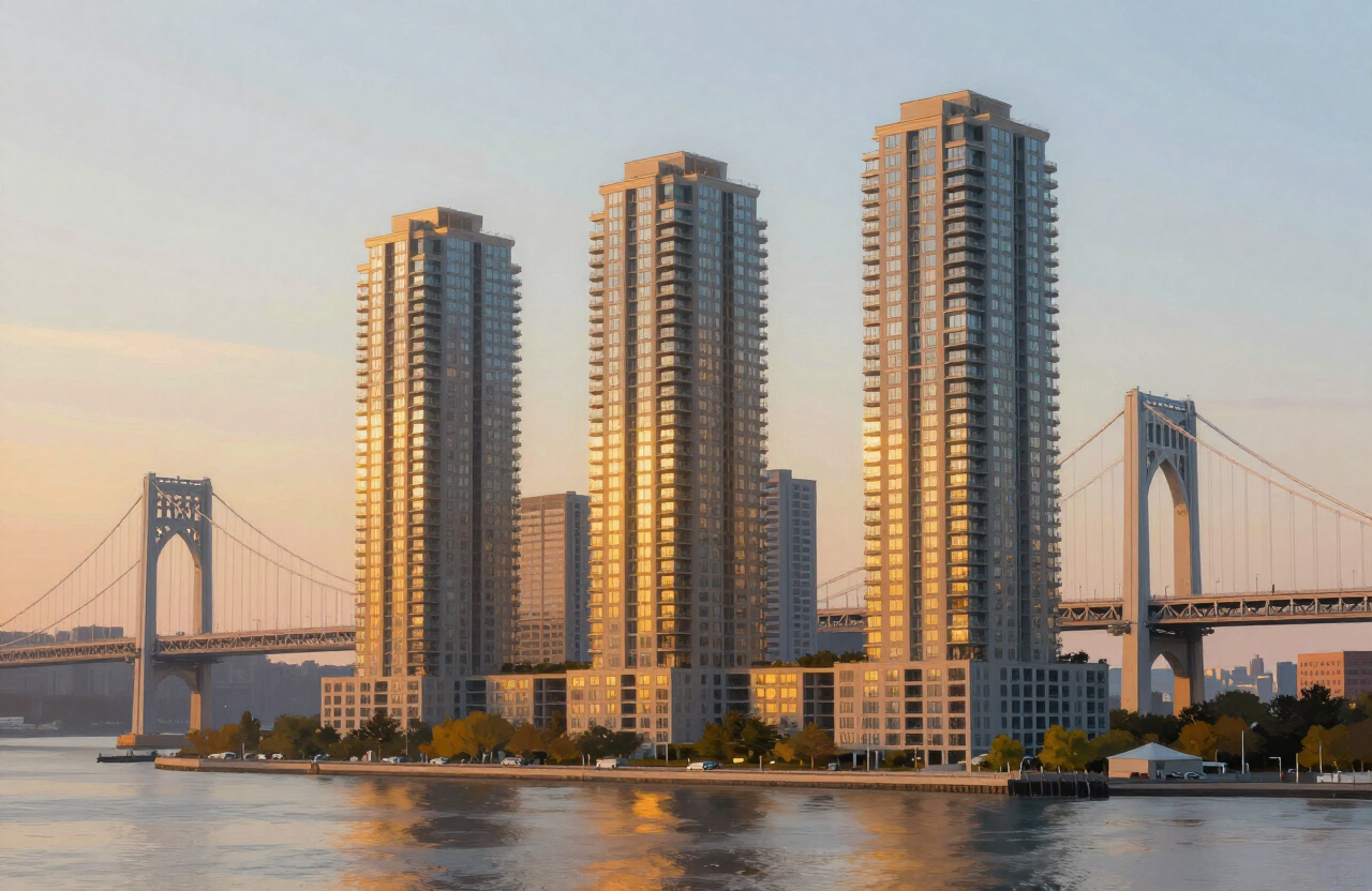 Illustrative exterior view of Fort Lee NJ high-rise residential condo towers along the Palisades near the George Washington Bridge at golden hour