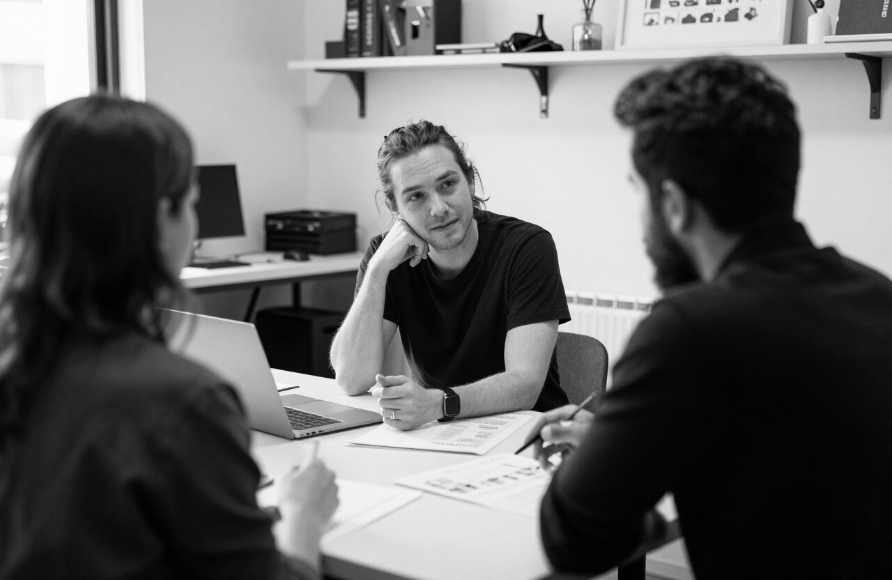 Dueña de un pequeño negocio conversando sobre ideas con un cliente en su estudio