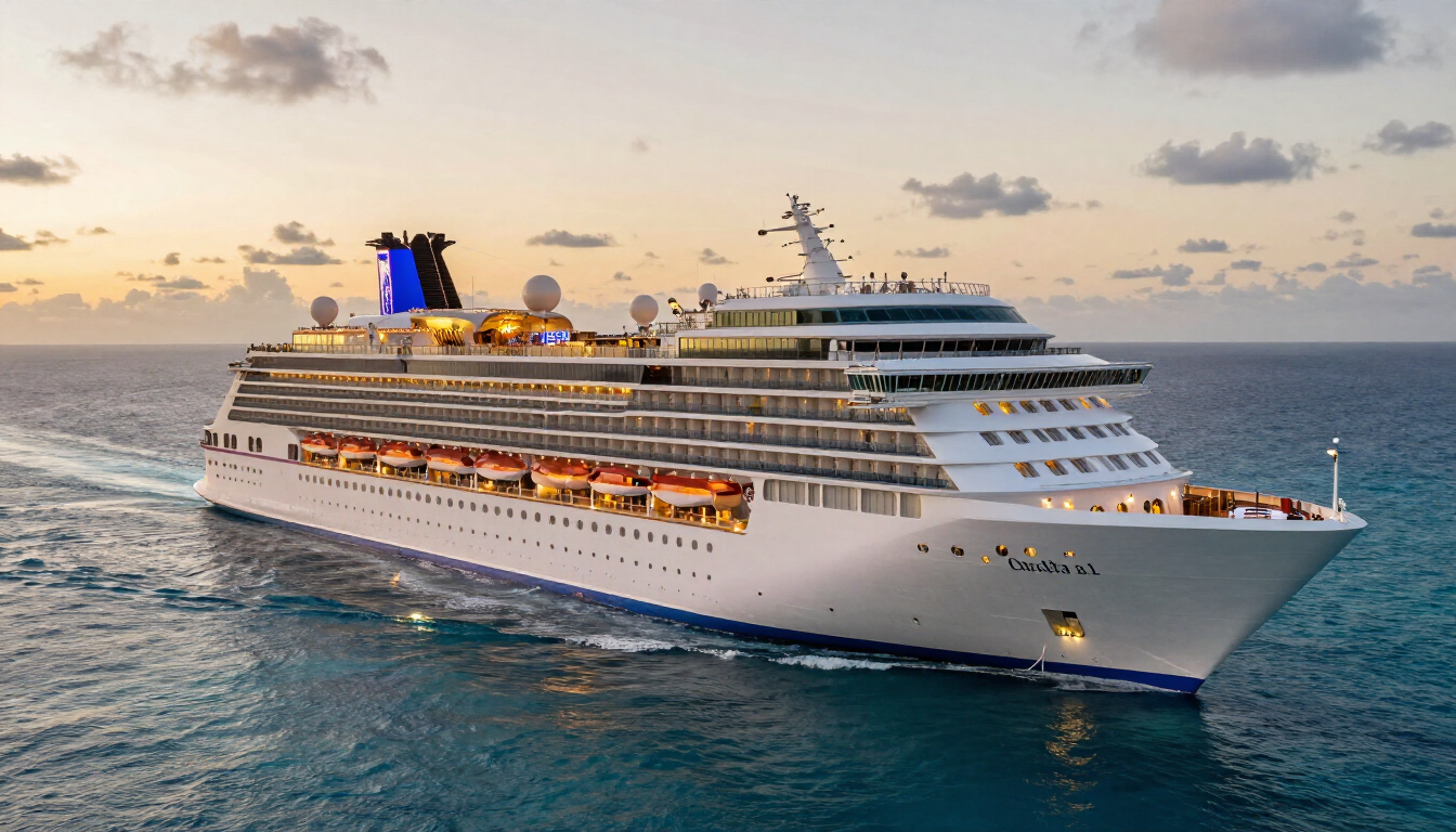 Virgin Voyages adults-only cruise ship sailing the Caribbean at golden sunset
