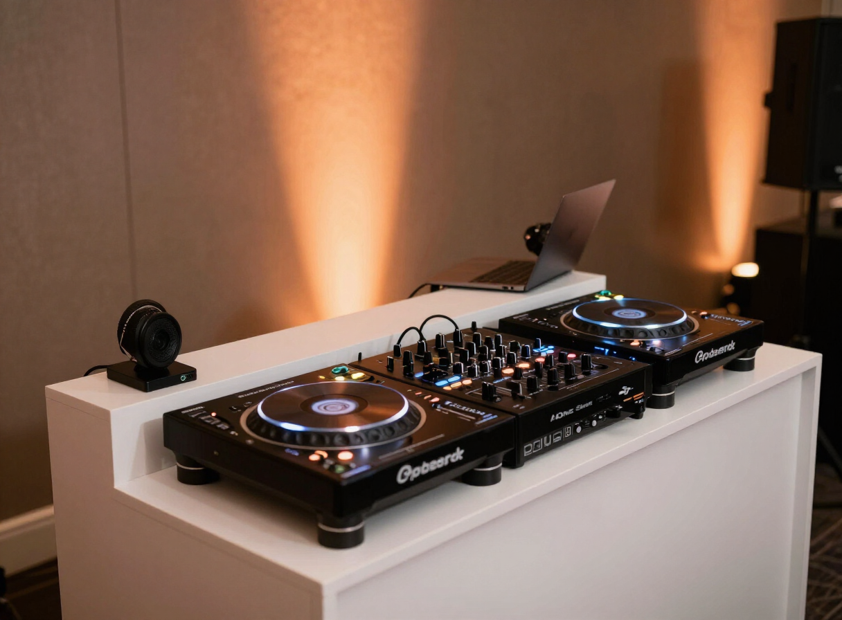 Professional DJ booth with turntables and LED controller at a wedding reception