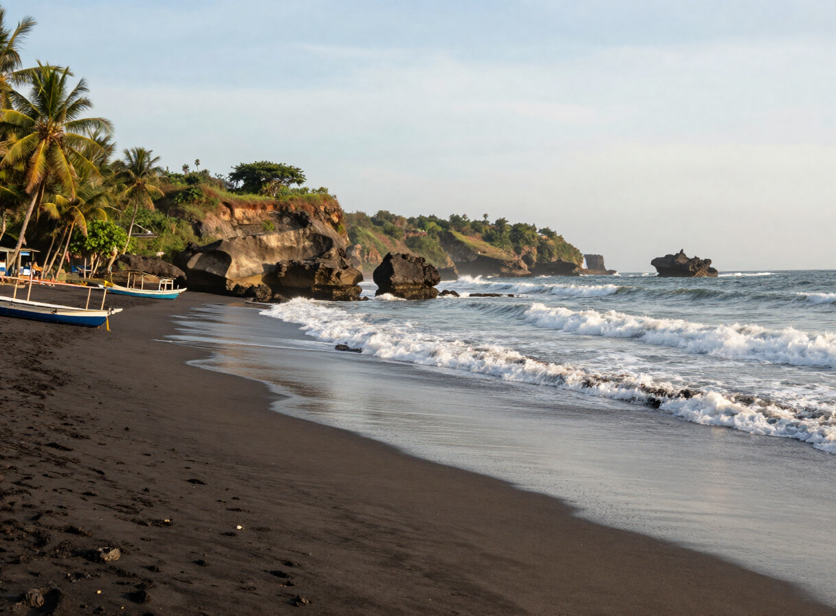 Peselancar dan tebing dramatis di Pantai Sawarna, daya tarik populer untuk perjalanan harian dari Pelabuhan Ratu, Jawa Barat