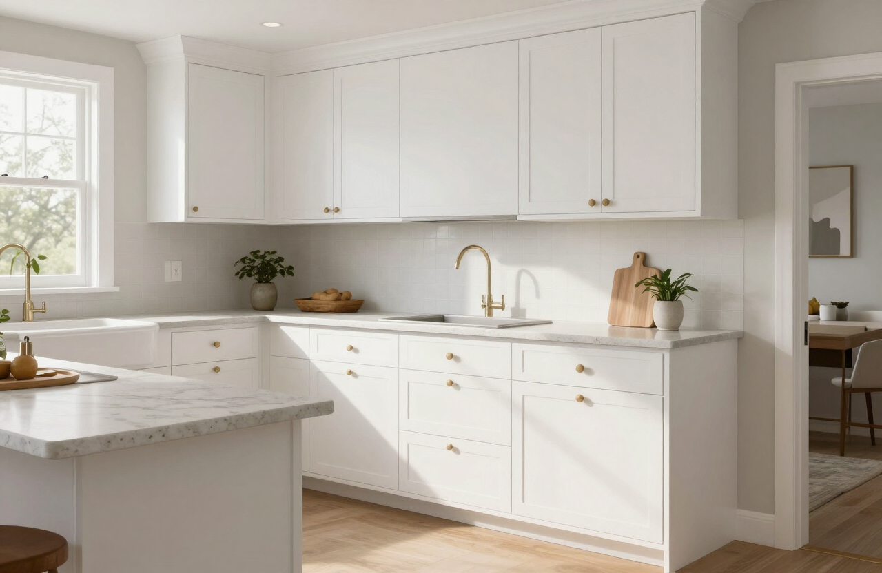 Illustrative freshly painted white shaker kitchen cabinets in a Hackensack NJ home kitchen with stone countertops, factory-smooth finish