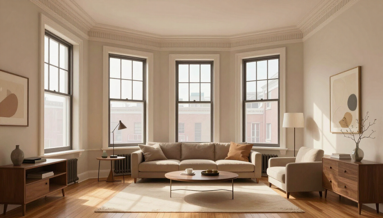 Illustrative Hoboken brownstone living room with warm neutral painted walls