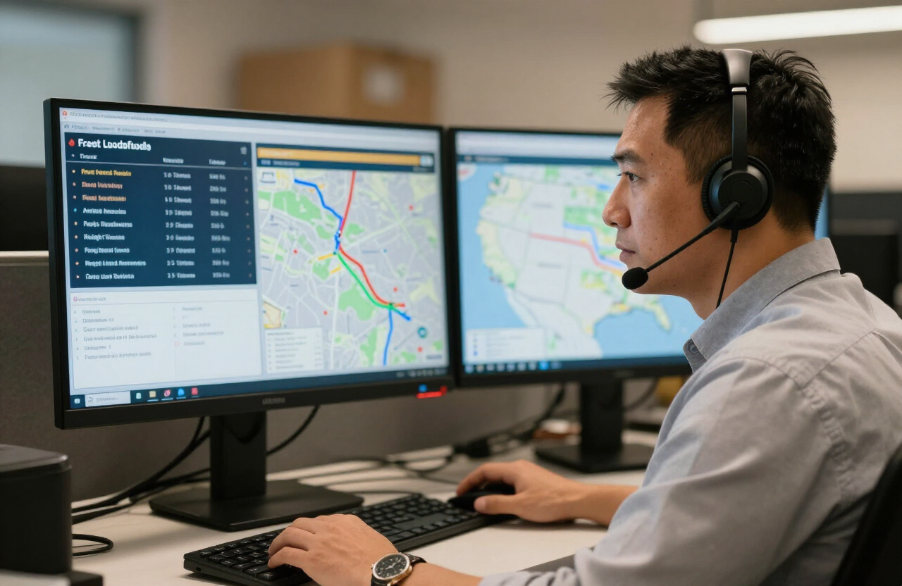 Vialog Solutions dispatcher working load boards in a logistics office