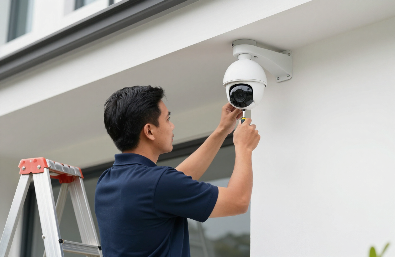 Technician installing a CCTV security camera on a home in the Philippines