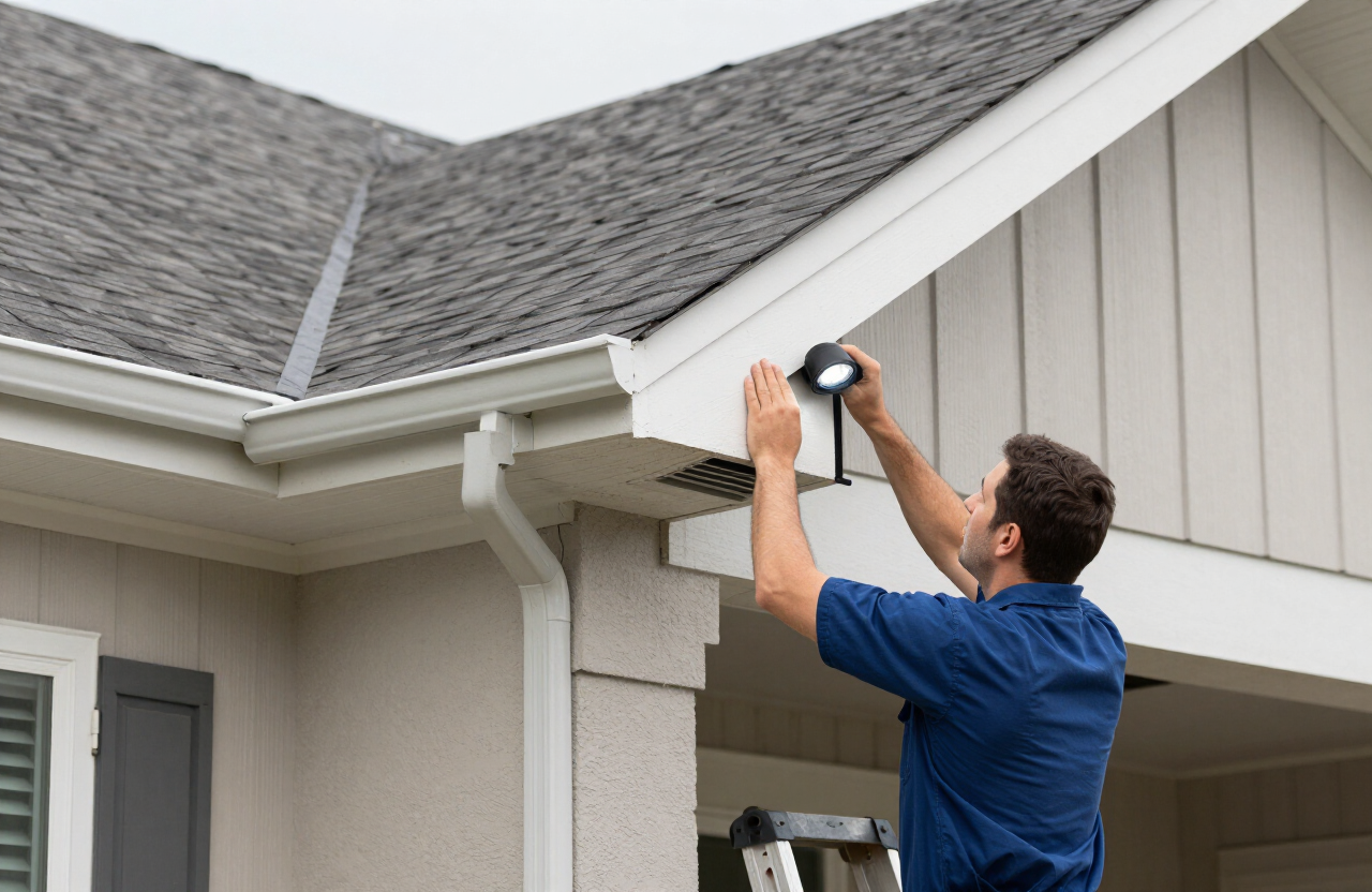 Inspection of possible wildlife entry points around a residential roofline