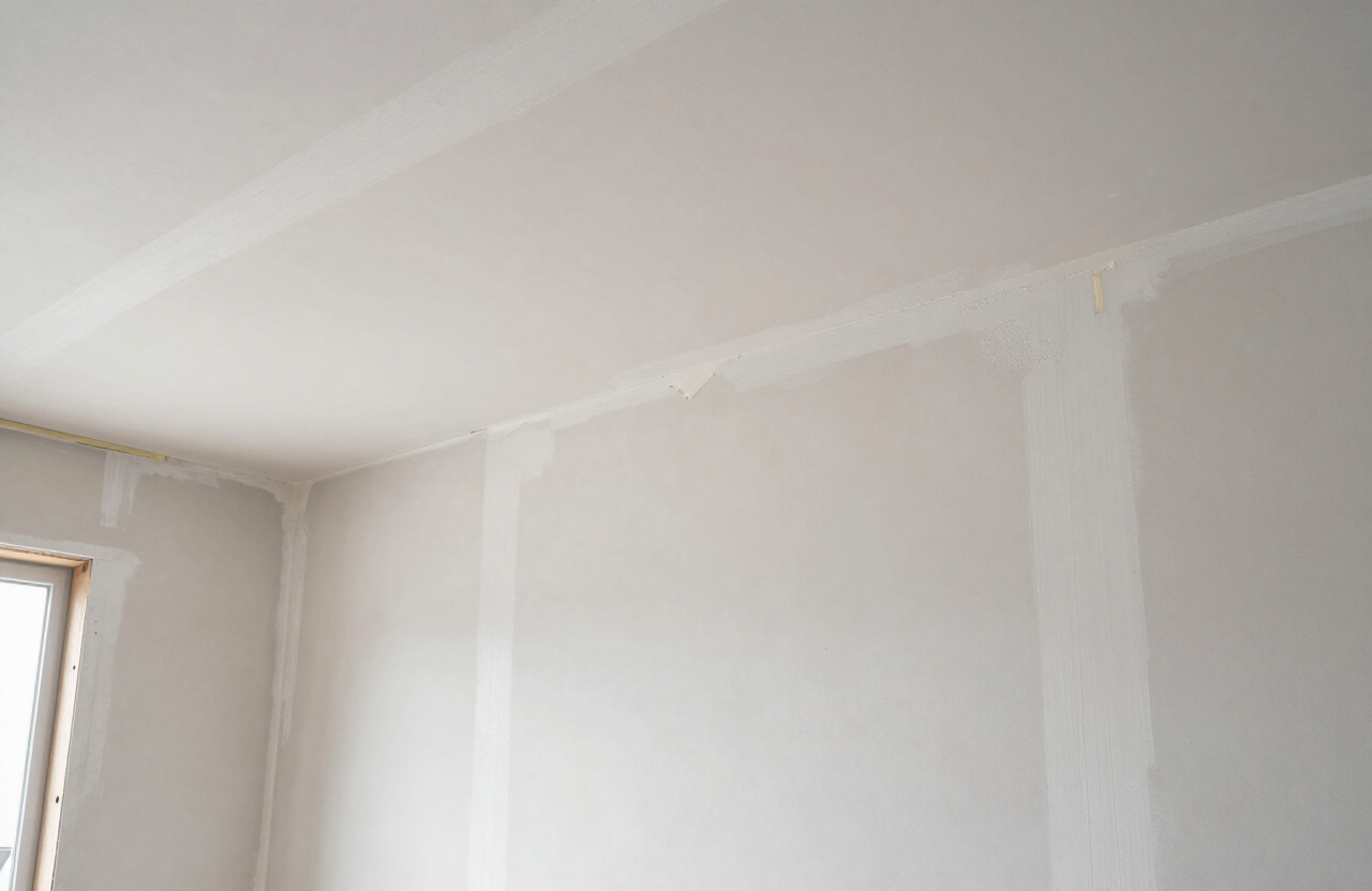 New construction drywall with joint compound seams and construction dust before painting preparation