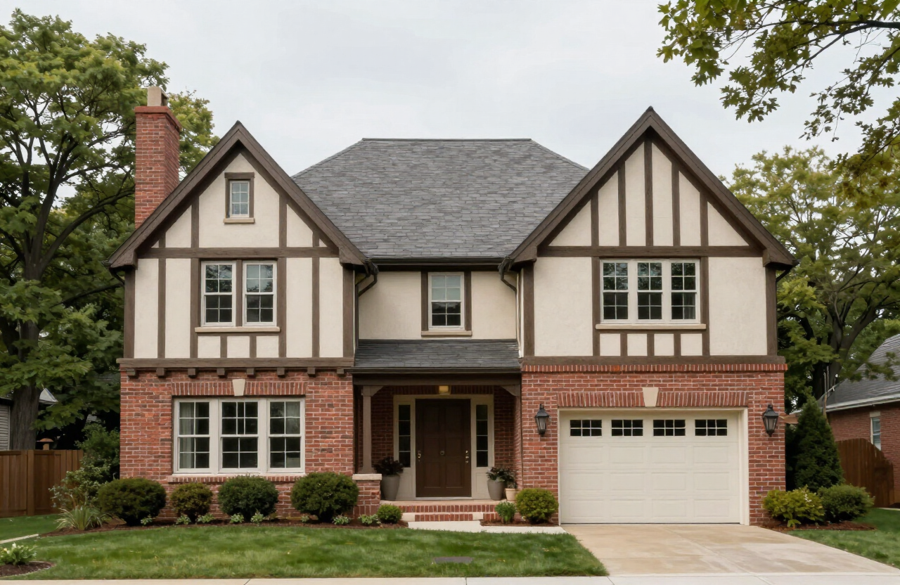 Illustrative brick and stucco Tudor-style estate exterior in Englewood NJ with half-timber detailing