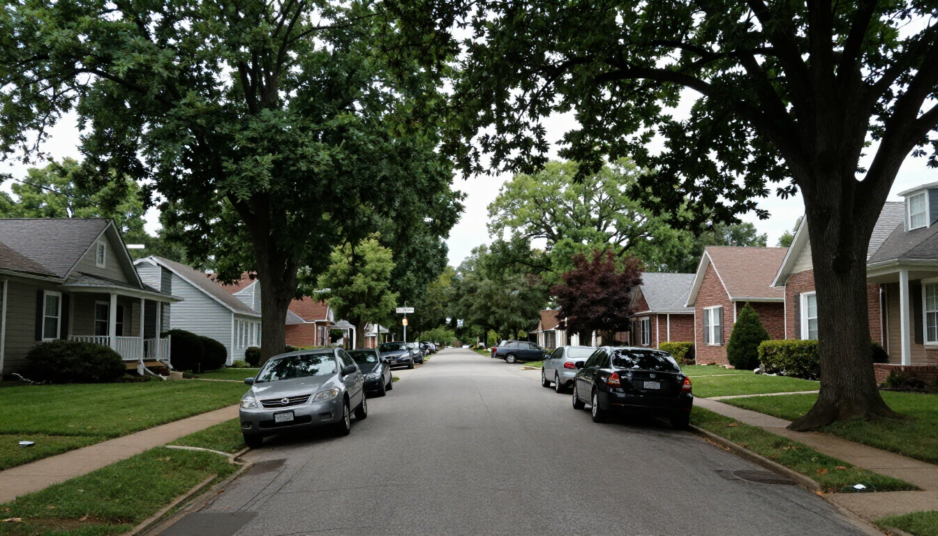 Gladstone Missouri residential suburban neighborhood street with mature trees and parked cars