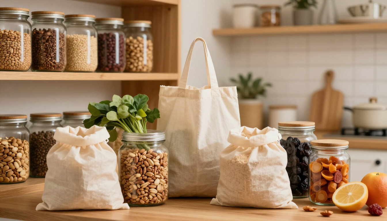 Bulk organic groceries in glass jars and reusable bags in a family kitchen