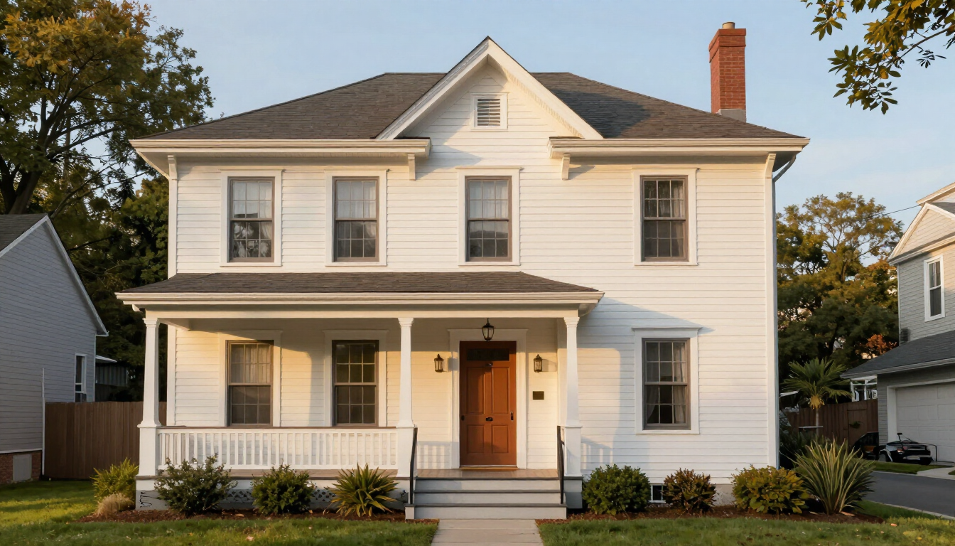 Illustrative finished restored historic Englewood NJ home exterior with refreshed siding and restored trim at golden hour