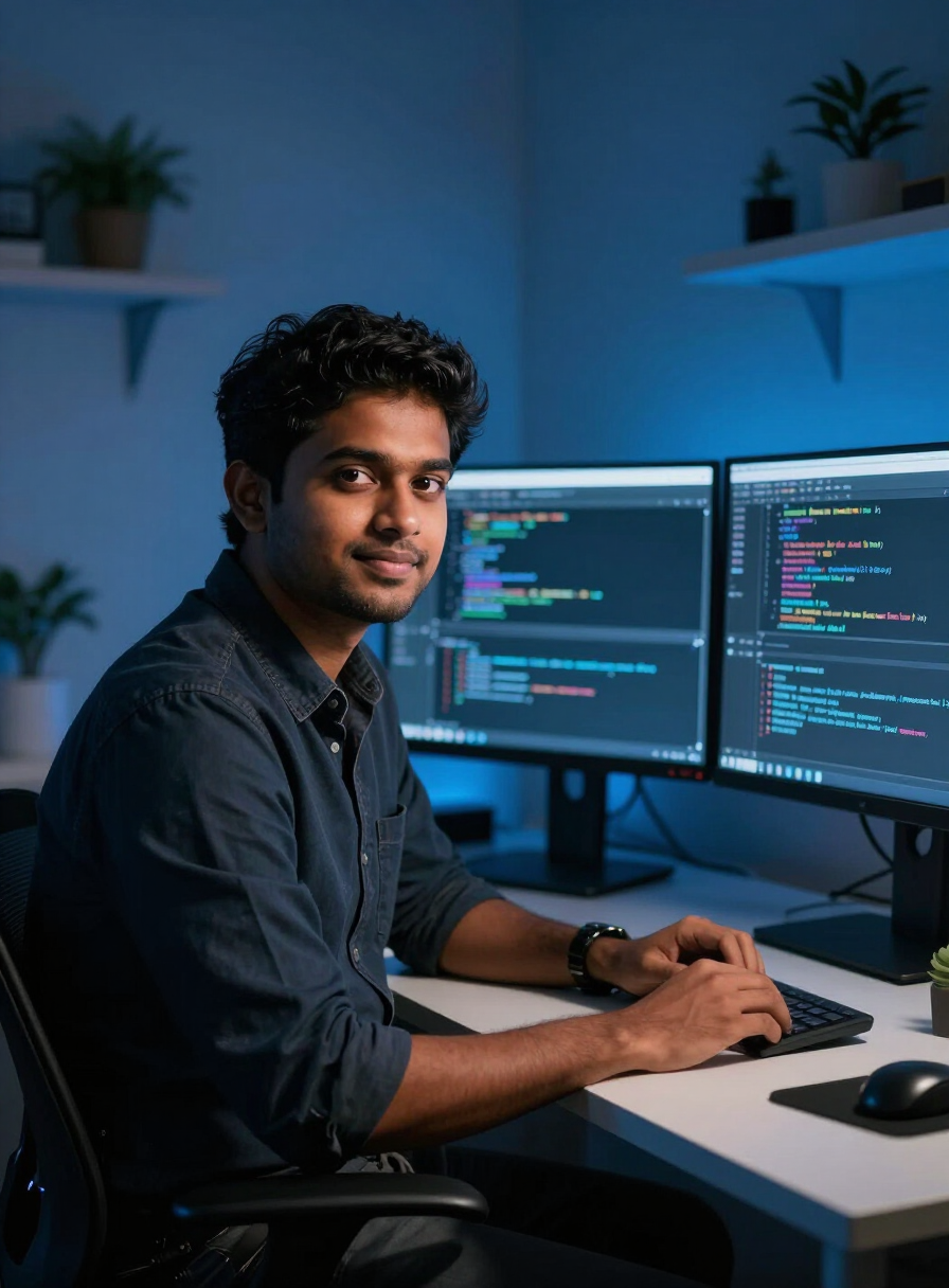 Mo Imraan, freelance developer at Synaptekna, working at his desk
