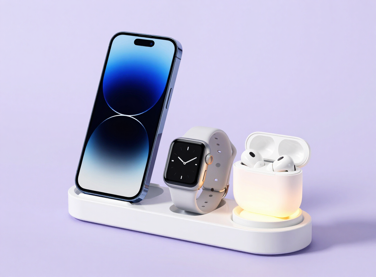 Estación de carga 5 en 1 con teléfono, reloj y auriculares