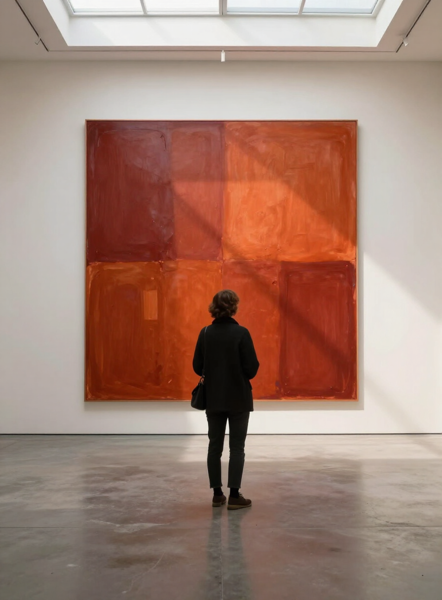 A visitor standing before a towering vermilion abstract canvas in a sunlit gallery