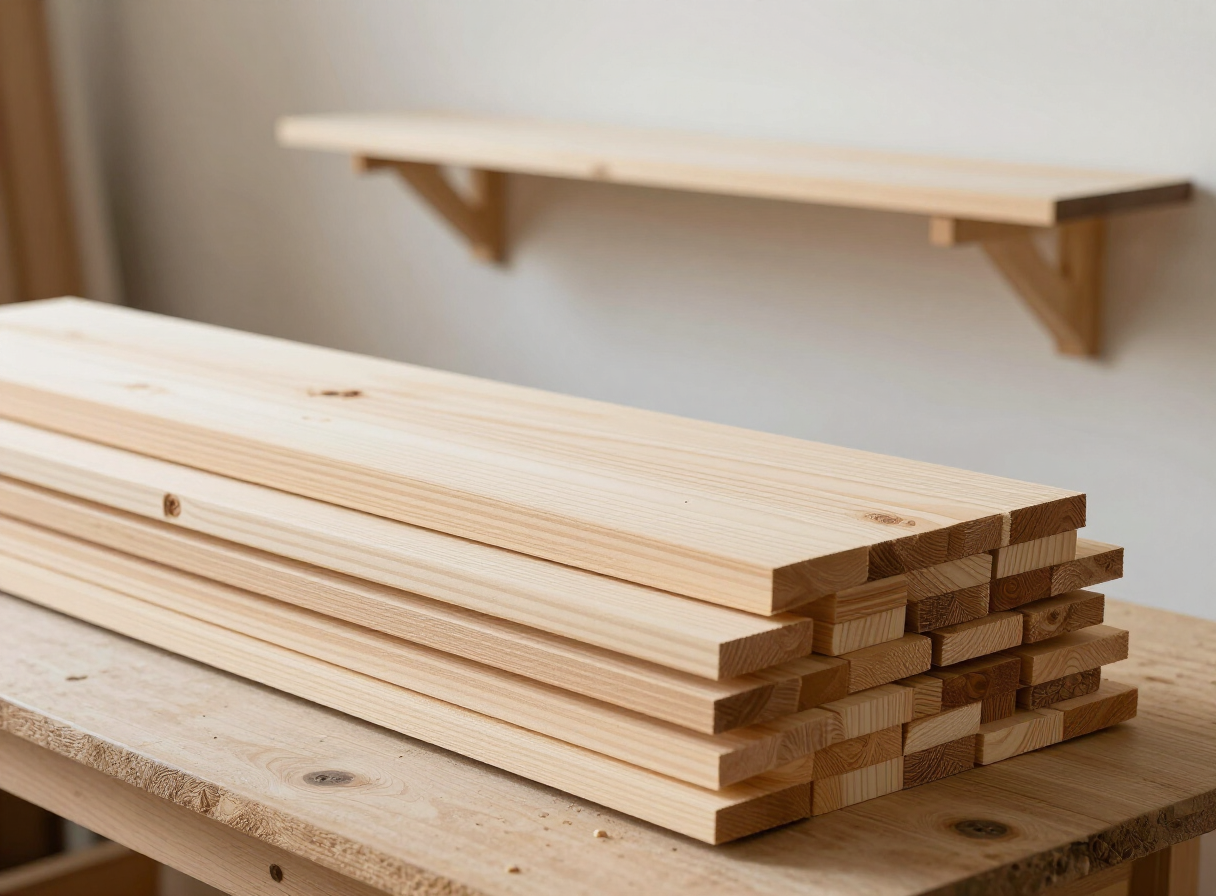 A stack of clean pine lumber boards on a workbench in a bright workshop with a simple handmade pine shelf in the background