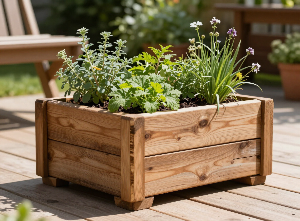 A handmade cedar garden planter box filled with herbs on a sunny backyard patio, weathered cedar boards with natural grain
