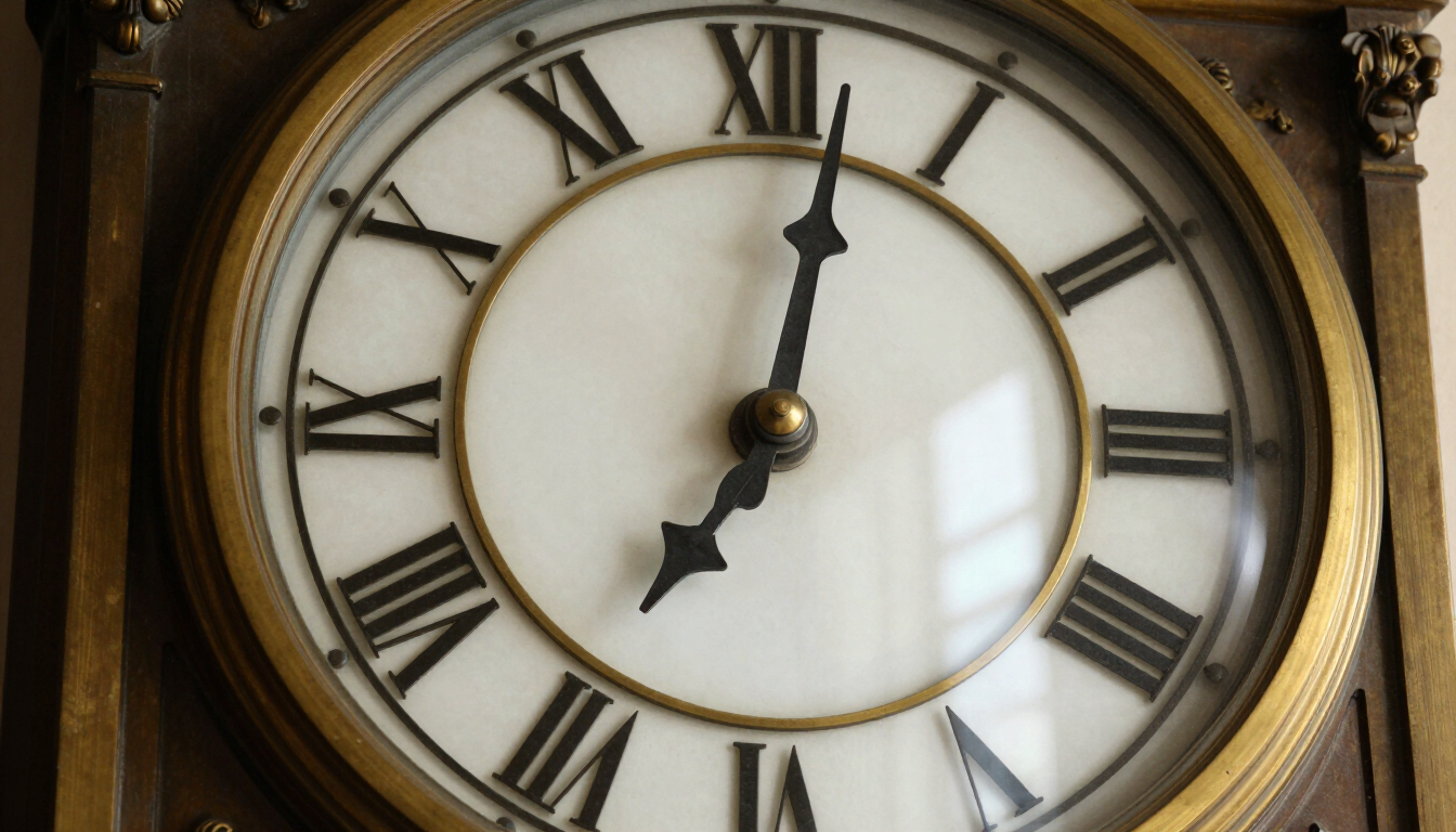 Antique brass courthouse clock face with roman numerals, symbolizing legal deadlines