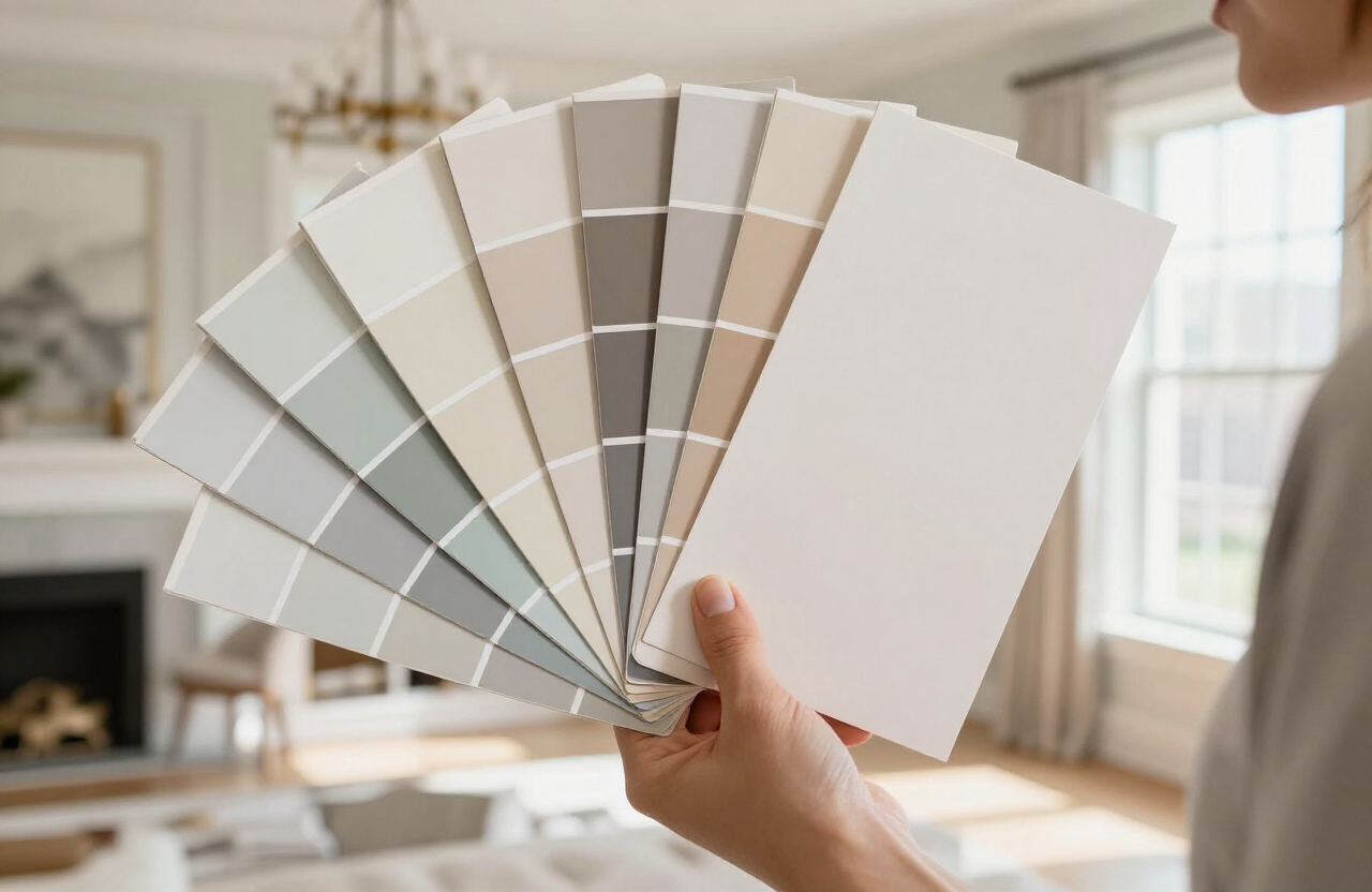 Illustrative premium paint color samples and sheen boards reviewed in natural daylight inside an Englewood NJ luxury home
