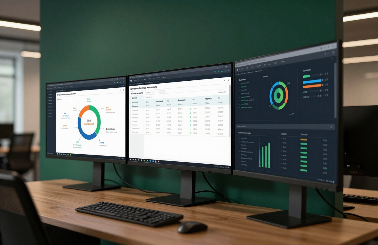 Enterprise resource planning dashboards showing finance, inventory, and operations in a modern office