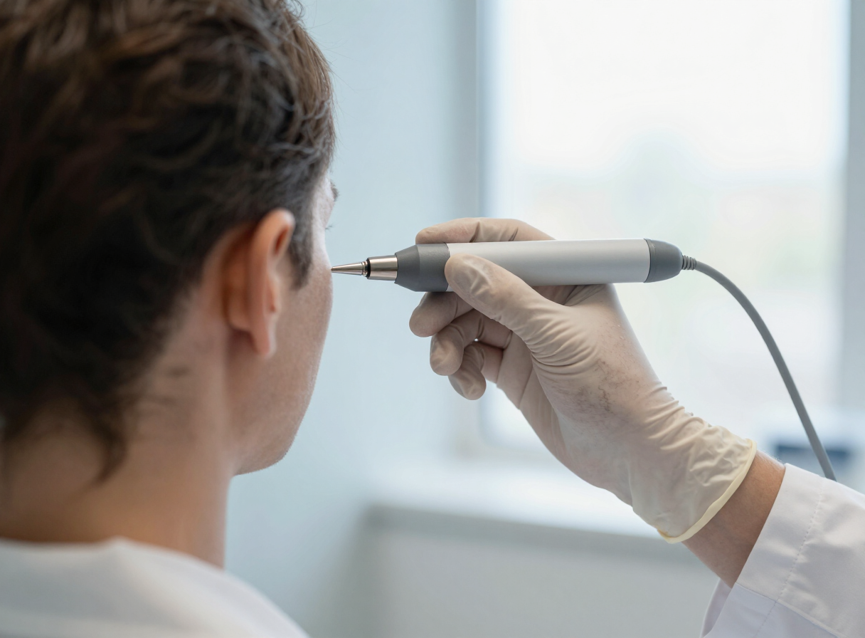 Clinician carrying out a careful ear examination
