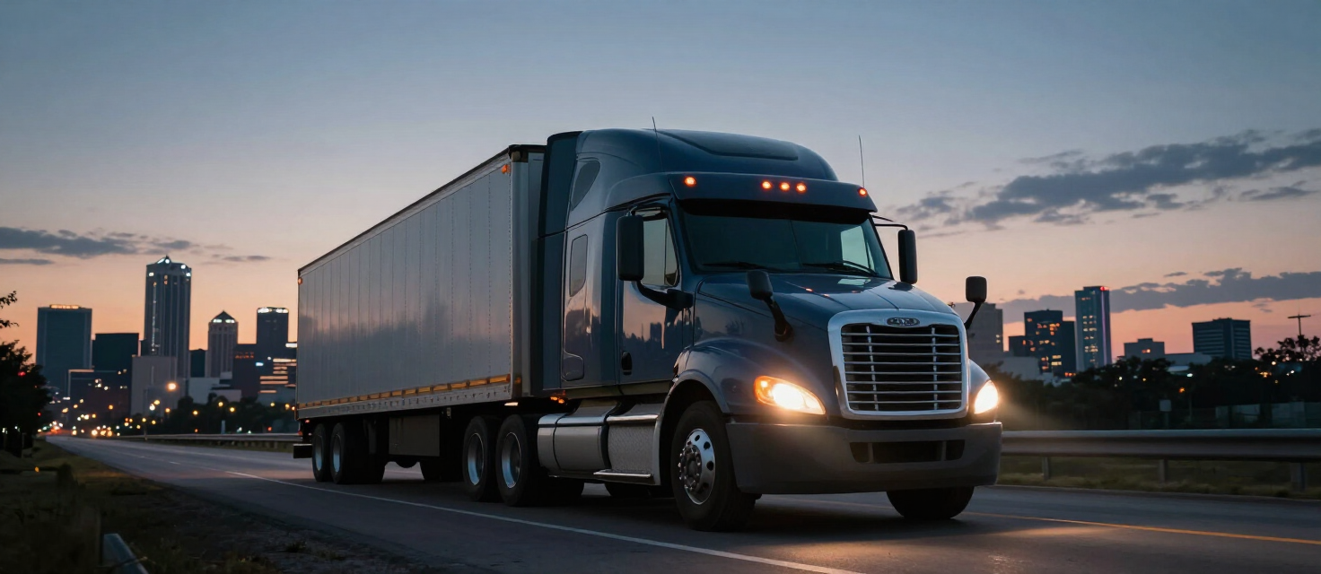 Commercial semi-truck tractor-trailer on an interstate highway at dusk with headlights and motion