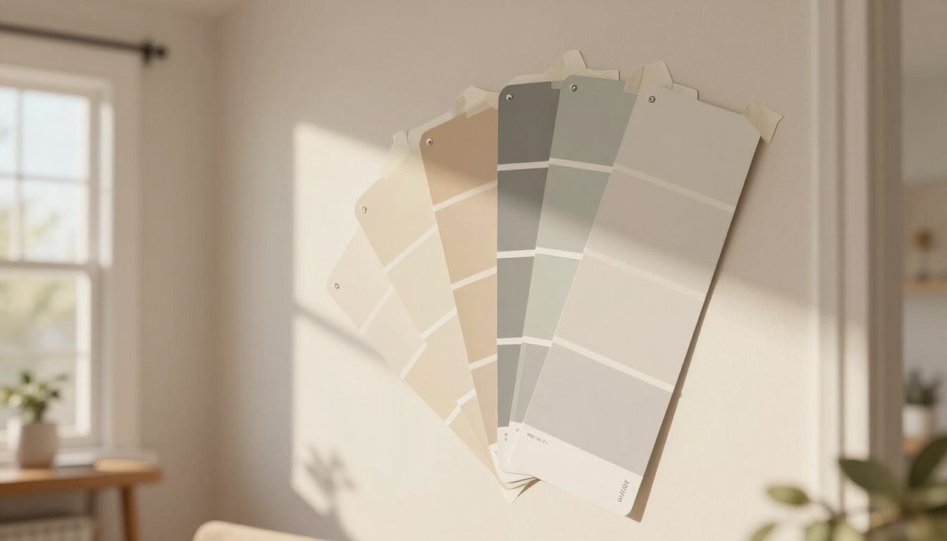 Illustrative paint color swatch samples taped on a wall in an Englewood NJ home with warm natural daylight