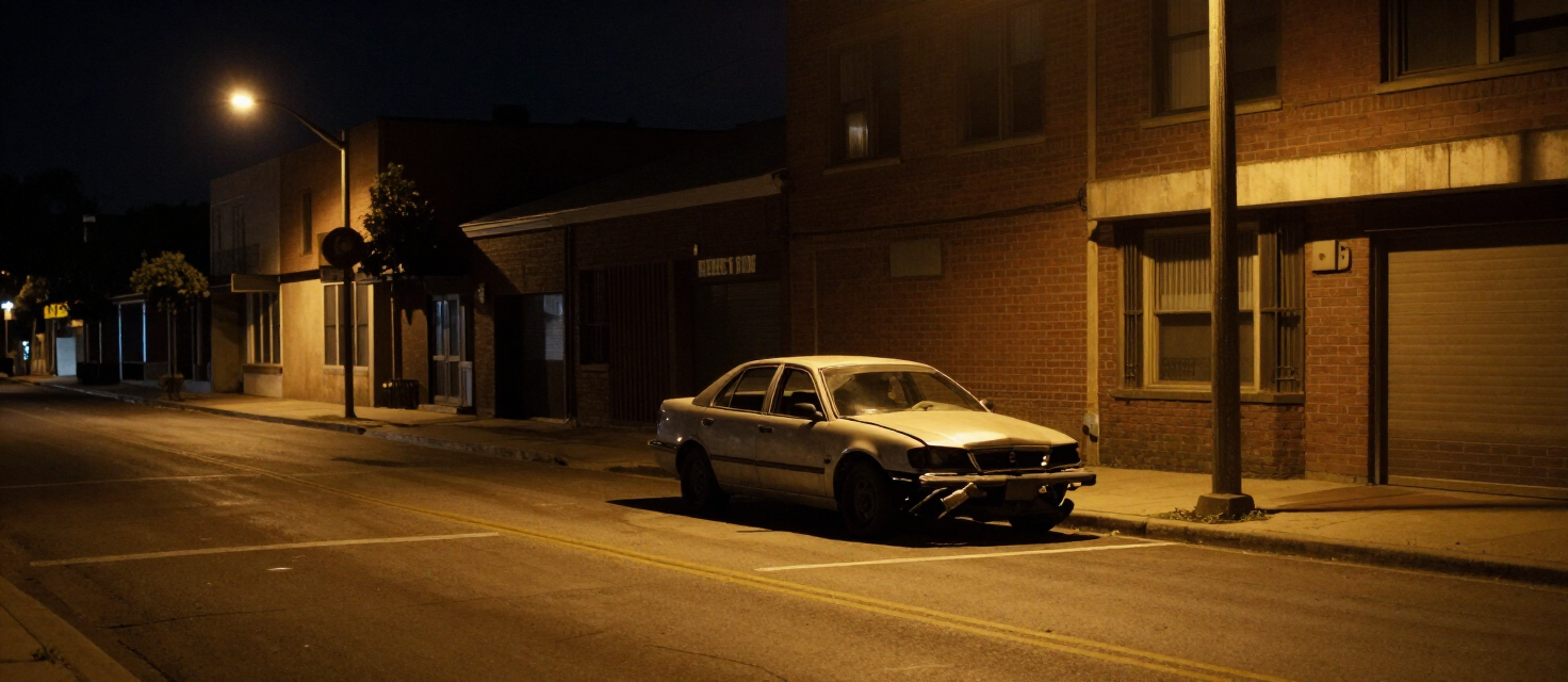 A lone damaged passenger car parked on a quiet Kansas City street at night under a streetlight, moody noir lighting