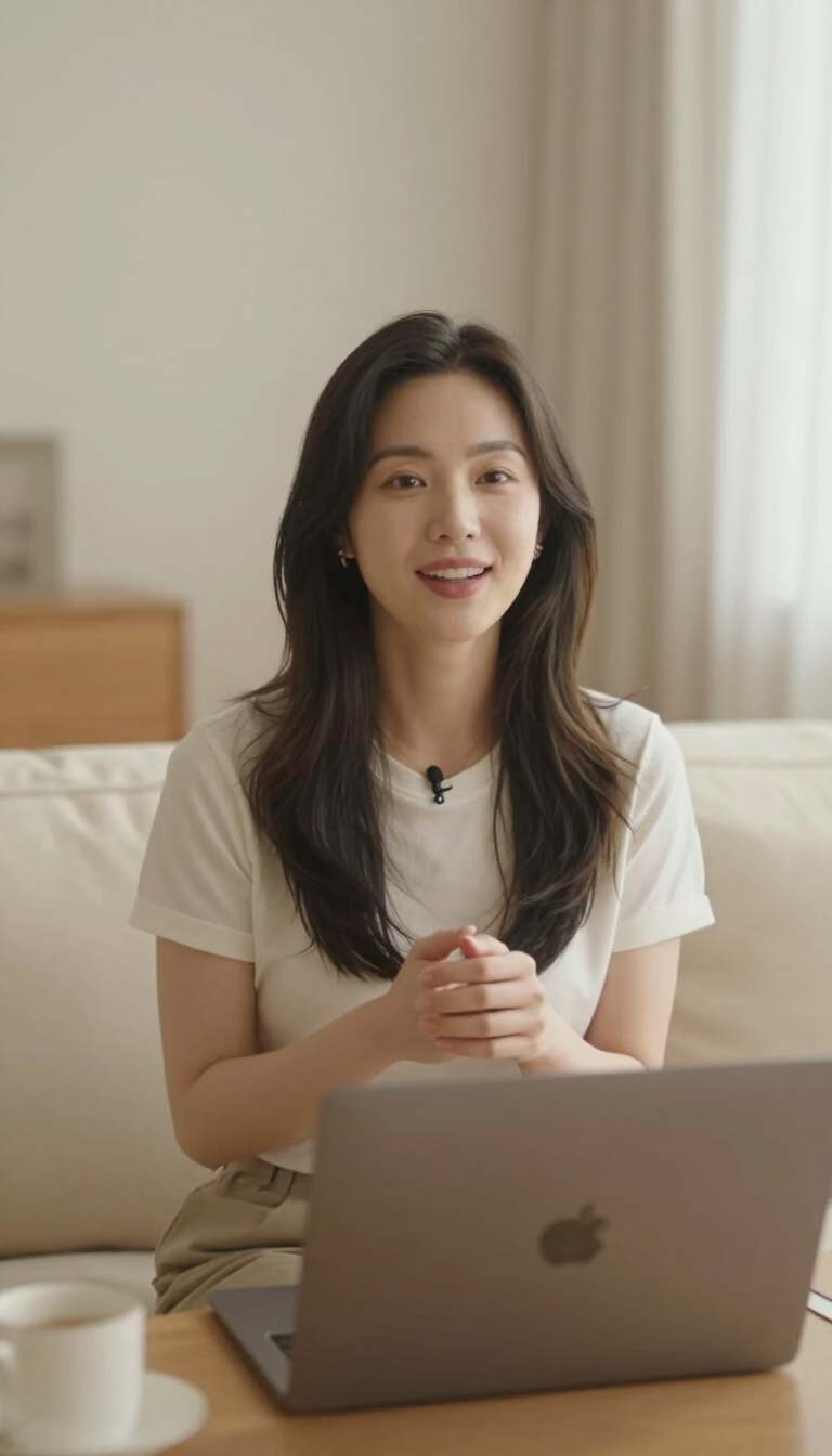 Friendly woman giving an on-camera testimonial in a cozy cream home setting
