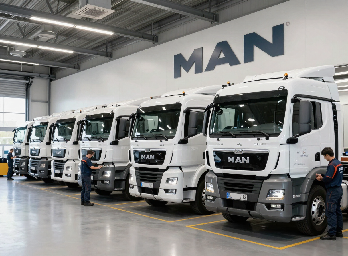 MAN-Servicepartner-Werkstatt mit mehreren MAN-Nutzfahrzeugen