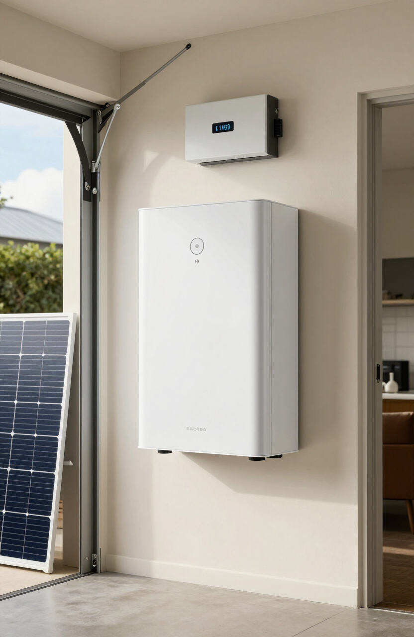 Home battery unit wall-mounted in a Sydney garage