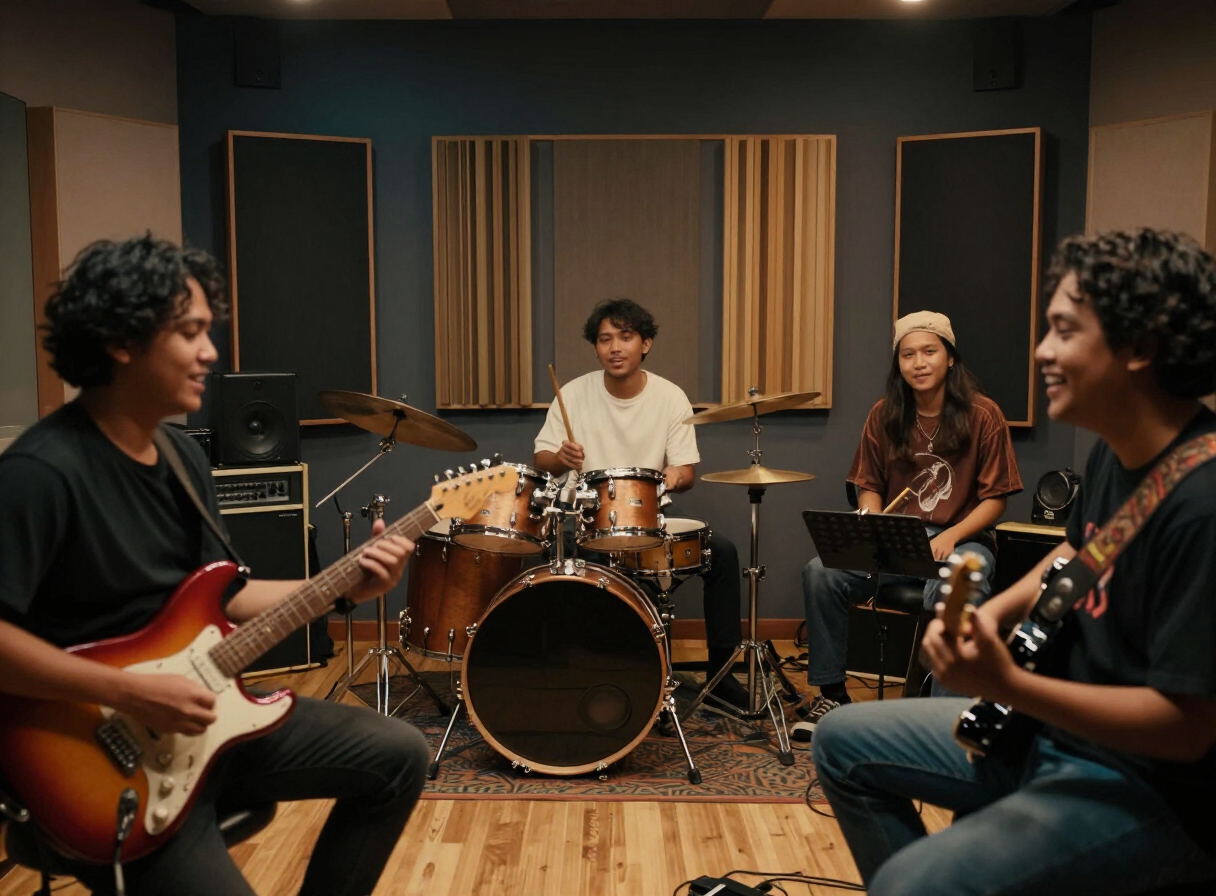 Para musisi muda berlatih bersama di studio