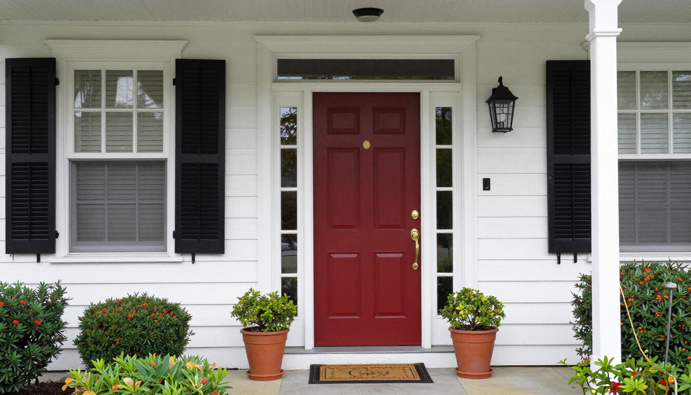 Freshly painted deep red front door with black shutters on a Wood-Ridge NJ colonial