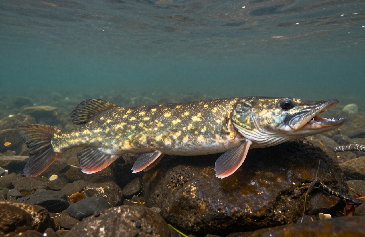 Un muskellunge (musky) con marcas barradas y dientes afilados en agua clara del río sobre un fondo rocoso