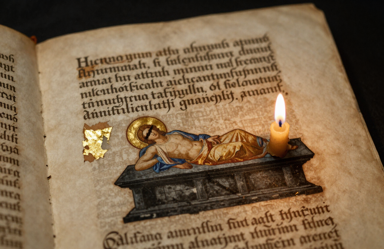 A burned manuscript with gold illumination and scratched-out eyes