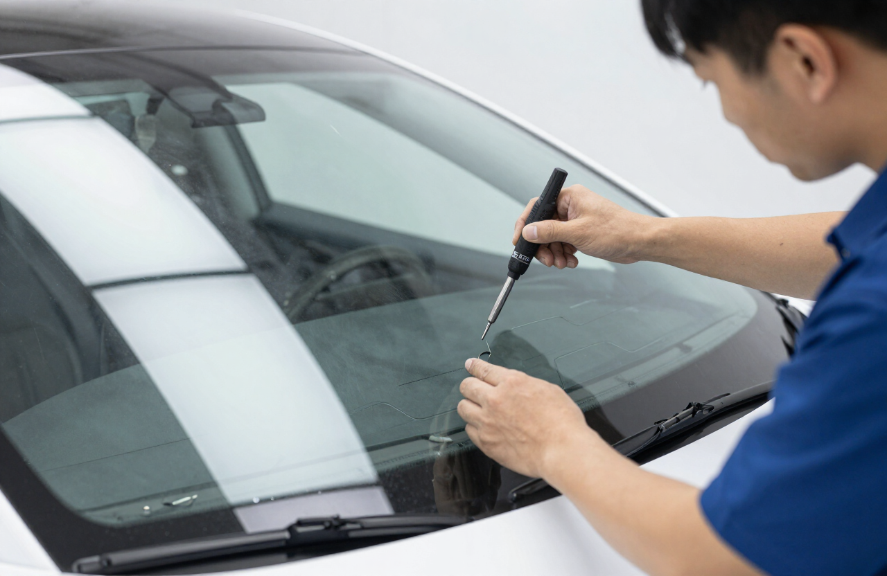 Experienced technician installing a replacement windshield on a Tesla electric sedan