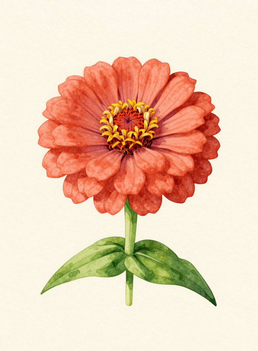 Watercolor painting of a coral Zinnia