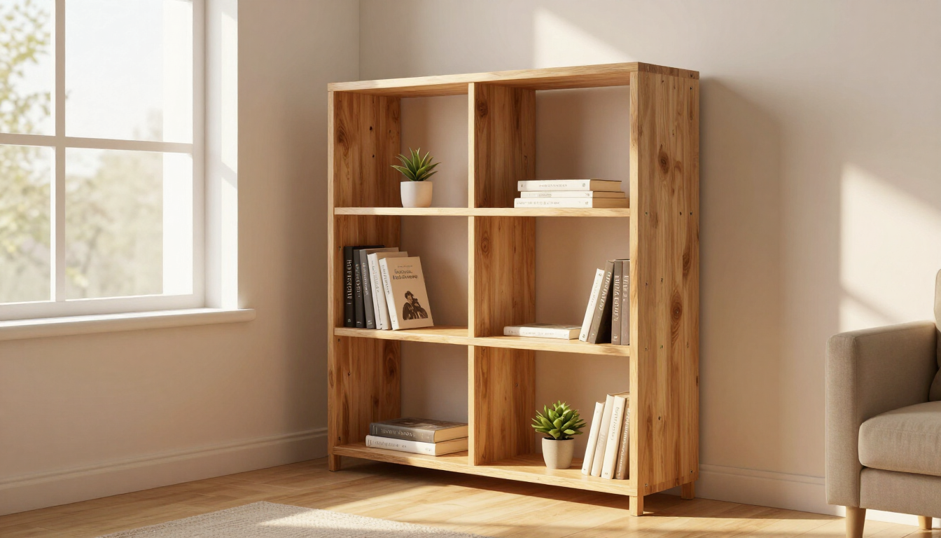 A finished handmade wooden bookshelf built from plans standing in a bright living room corner at golden hour, warm light streaming through a window, a few books and a small plant on the shelves