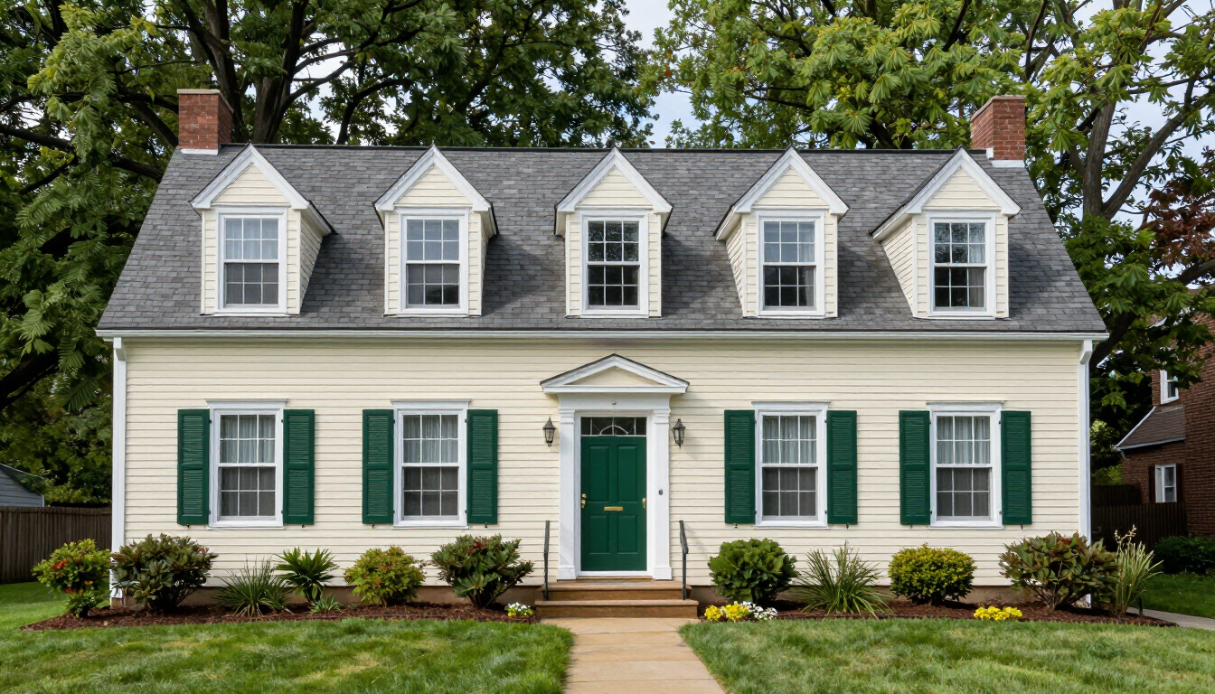 Hasbrouck Heights NJ Cape Cod home with cream siding and forest green shutters