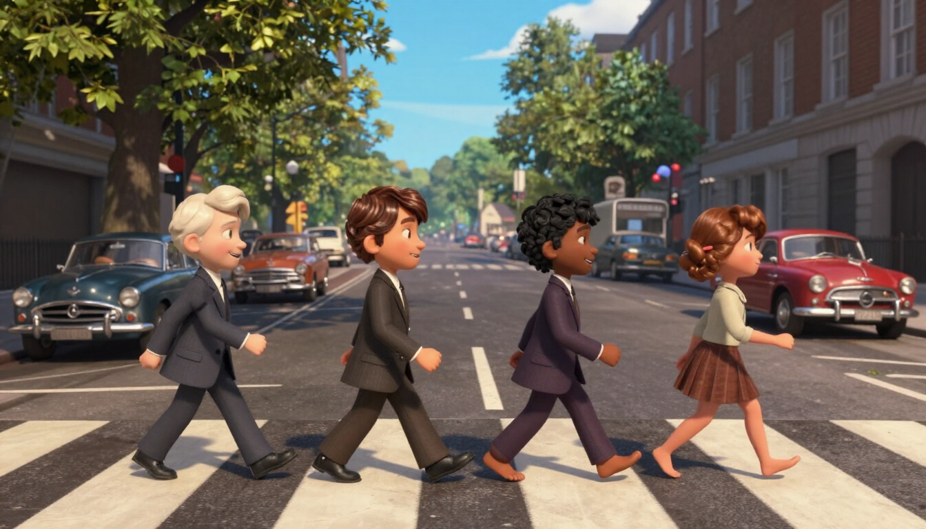 Four cartoon musicians in 1960s suits crossing a zebra crossing